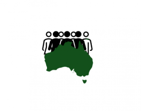 Basic human figures standing behind dark green silhouette of Australia representing environmental health.