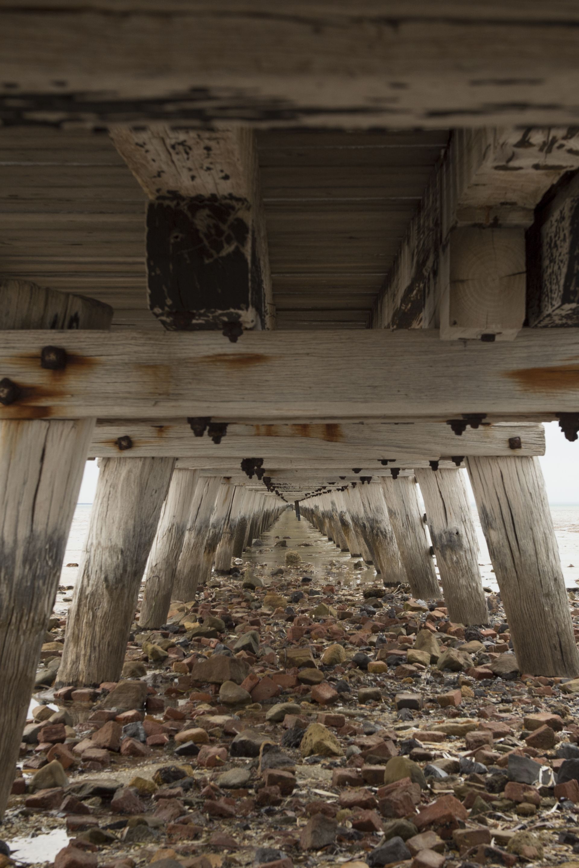View under Port Germein Jetty, rocky ground fading into sand.