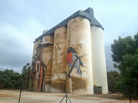 Wirrabara silos on the diagonal with cloudy backdrop